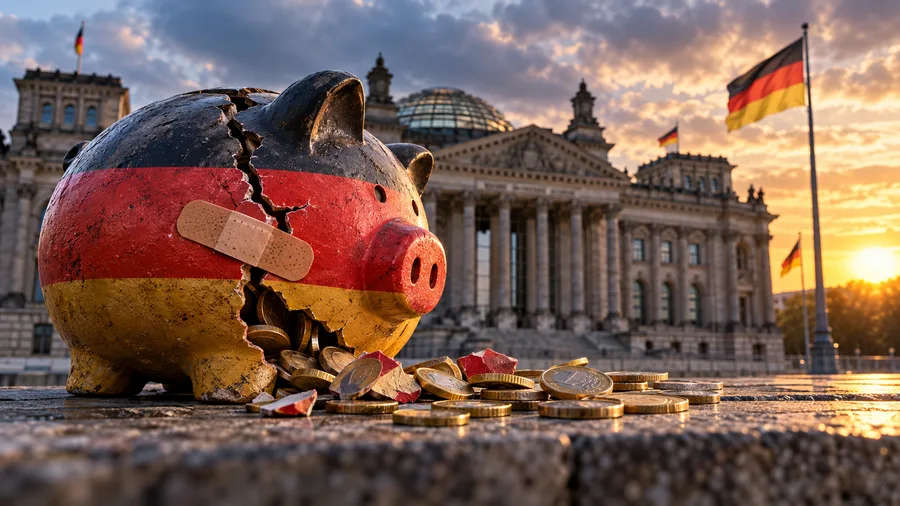 Zerbrochenes Sparschwein vor dem Reichstag – Symbol für die Haushaltskrise