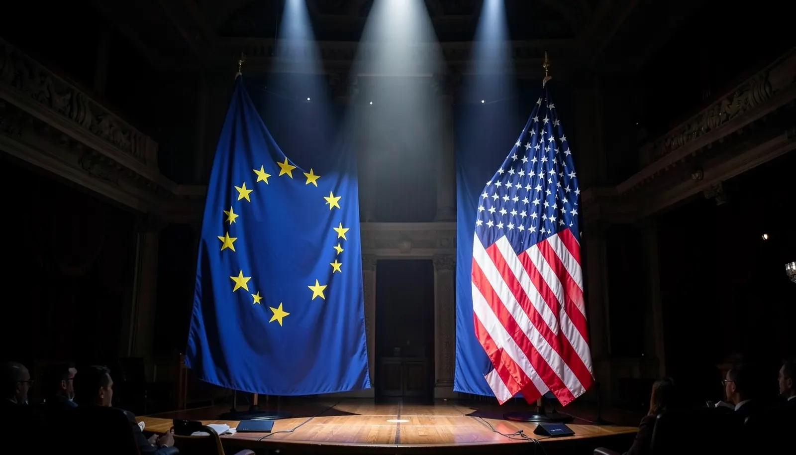 Europäische Union und USA – politische Bühne mit Flaggen und Verhandlungstisch