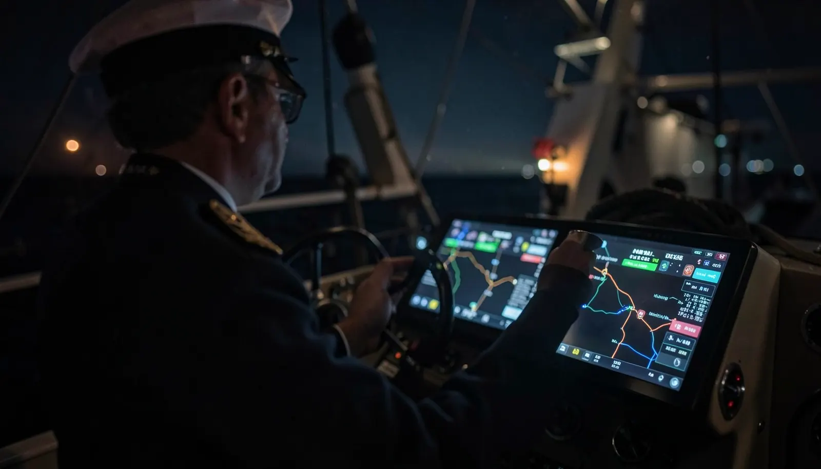 Kapitän am Steuer eines Schiffes mit leuchtendem digitalem Navigationssystem – Symbol für Mensch und KI