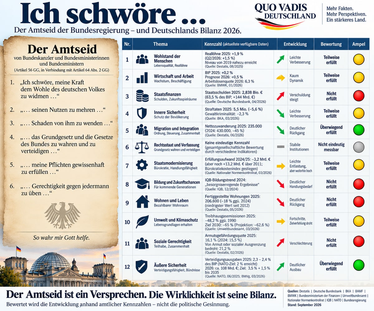 Amtseid der Bundesregierung – Grafik zum Vergleich von Versprechen und politischer Bilanz 2026