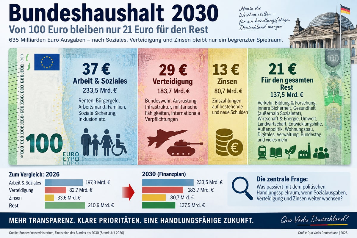 Bundeshaushalt 2030 – Grafik zu Ausgaben für Soziales, Verteidigung und Zinsen in Milliarden